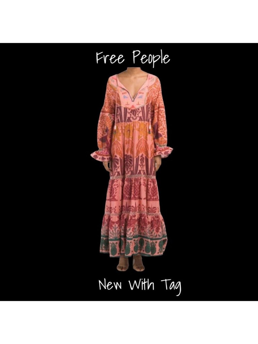 Farm Rio Maxi Dress Ainika Print with Macaws,Small Puff Sleeves & Tassel Tie New